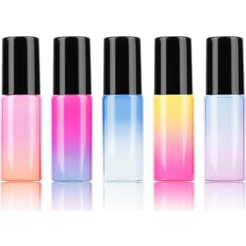 FreeShip 50pcs Empty 5ml Glass Gradient Colorful Essential Oil Roll-On Bottle Fragrance Perfume Sample Roller Bottle Black Cap