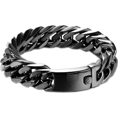 7-11INCH Hip-hop 316L Stainless Steel Black Double Cuban Curb Link Chain Bracelet Wirtsband Mens Boys Bangle Jewelry 15/17MM