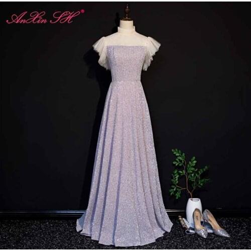 AXJFU princess pink sparkly white lace evening dress party ruffles high neck dubai evening dress pink vintage evening dress