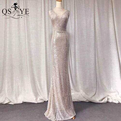 Sparkle Silver Evening Dresses Mermaid Sequin Evening Gown Glitter Bead High Neck Fit Formal Party Gown Sleeveless Women Vestido