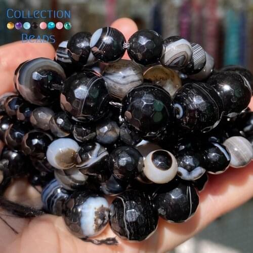 4-12mm Natural Stone Faceted Black Stripe Agates Round Spacer Loose Beads For Jewelry Making DIY Bracelet Accessories 15