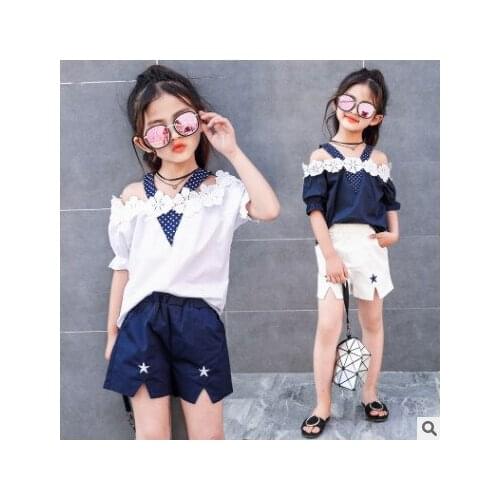 Kids girls summer 2020 new Sleeveless suit Big girls summer fashion Lace T-shirt + Cotton shorts Baby girls clothes 3-13 yrs