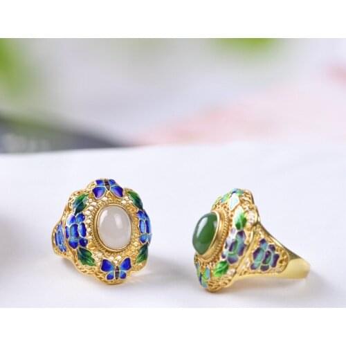 Real 100% 925 Silver Gold Plated Jade Cloisonne Peony Open Rings For Women Vintage Ethnic Gorgeous Luxury Ring Party Gifts