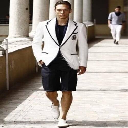 Summer Suits Stylish Short Pants White Men Suit Blazer With Black Pants Casual Tuxedos Terno Masculino (Jacket+Pants)