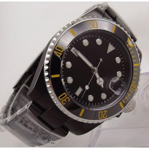 40MM Black Sterile Dial Sapphire Glass PVD Coated NH35A Black Ceramic Bezel Date Glass Case Back Automatic Mens Wristwatch