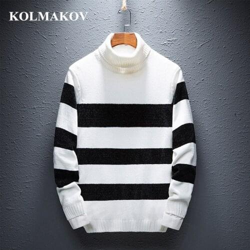 KOLMAKOV New 2019 Mens Clothing Sweaters Turtleneck Thick Sweater Knitting Pullovers Homme High Quality Striped Men Sweater 3XL