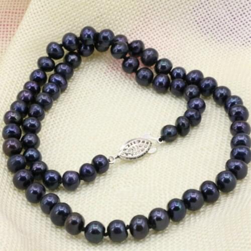 Black pearl necklace jewelry natural freshwater pearl necklace 18" New 7-8mm