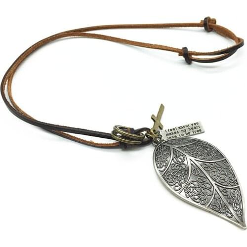 New Casual Vintage Men Women Brown Genuine Leather Bronze Hoop Cross Antique Leaves Pendant Necklace Male Wholesale Jewelry