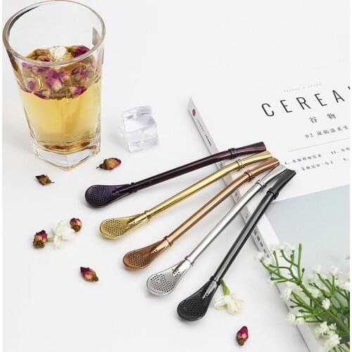 Stainless Steel Drinking Straw Spoon Tea Filter Coffee Long Spoon Reusable Bar Accessories Tool