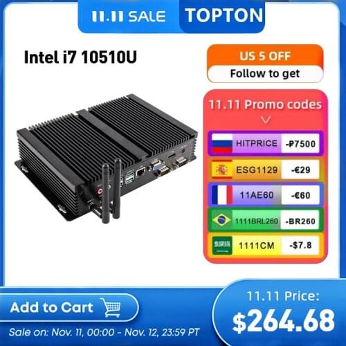 Topton Industrial Fanless PC Intel i7 10510U i5 8265U 2*DDR4 M.2 NVME+MSATA+2.5'SATA 2*COM HDMI VGA WiFi Rugged Mini Computer
