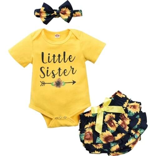 Newborn Baby Girls Short Sleeve Pullover Letter Tops Romper Shorts Summer Infant Sunflower Headband Suits