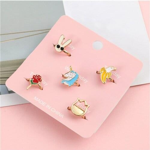 QIAMNI 5Pcs/Set Rabbit Unicorn Animal Rose Flower Banana Rings Handmade Childrens Cartoon Ring Kids Girls Birthday Gift Anillos