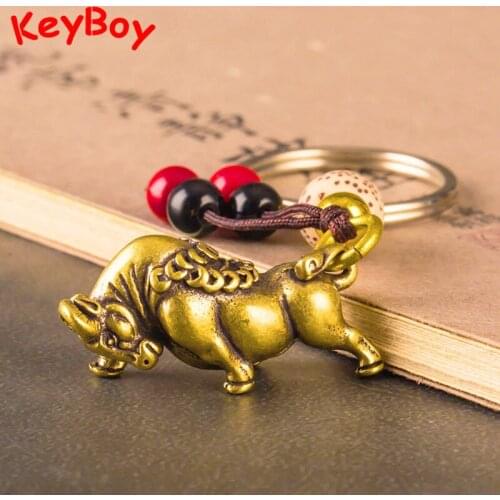 Retro Brass Zodiac Animal Lucky Bull Figurines Keychain Pendant Jewelry Metal Copper Handmade Woven Rope Keyring Lanyard Hanging