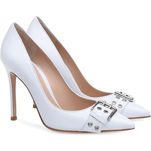 Large Size Womens Shoes Pointed Toe Thin Heels High Heeled Single Shoes White Buckle Wedding Shoe Genuine Leather Sandals Mujer