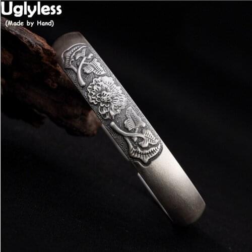 Uglyless Solid 99.9% Thai Silver Peony Flowers Bangles for Women Vintage Silver Lotus Open Bangles Heart Sutra Buddhism Gifts