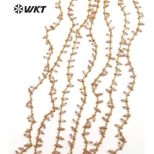 WT-RBC089 WKT Chain for jewelry resist tarnishable rosary chain 3mm round pink quartz bead drop gold color wire wrapped