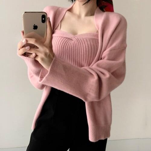 Autumn Winter Sweater Cardigan with Strapless Tops Korean Fashion Loose Long Sleeve Knitted Coat Women Elegant Two Piece Set