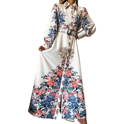 2021 Elegant Printing Women Maxi Dress Stunning Florals Pattern Long Sleeves Turn Down Neck A line Party Shirt Dresses + Belt