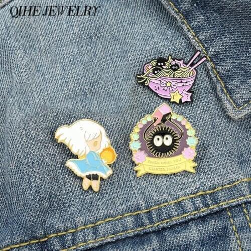 Japanese Ramen Soot Sprite Hard Enamel Pin Calcifer Medal Alloy Metal Cartoon Anime Movie Fan Art Badge Accessories Jewelry
