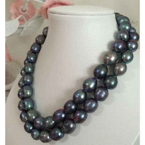 12 mm south black green pearl necklace 17-18inch
