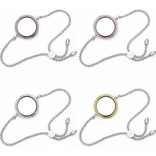 5pcs/lot Adjustable Chain living memory locket bracelet crystal Glass 25mm Floating charm locket bangle women