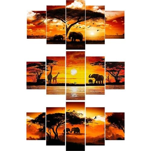 5D Diamond Painting Sunset Animal Series DIY Full Round Drill Five Pieces Diamond Painting Decoration Hanging Painting 103x45cm