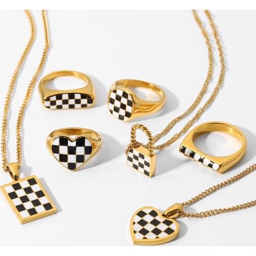 BLACK AND WHITE ENAMEL RING 18k Gold Plated Stainless Steel Party Jewelry chess Plaid rings pendant necklace set