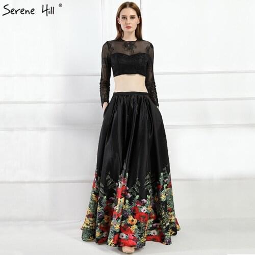 2020 Black Two Pieces Satin Prom Dresses Long Sleeves Pattern Flowers Sexy A-Line Evening Gowns Real Photo DLA6184