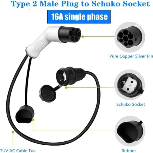 For Portable EV Charger EV Connector 16A Type 2 Male Plug to Schuko Socket EV Charging Adapter