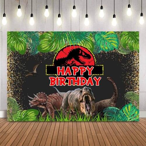 Dinosaur Birthday Backdrop Green Leaves Photo Background Props Boy Gold Glitter Safari Jungle Happy Birthday Party Decoration