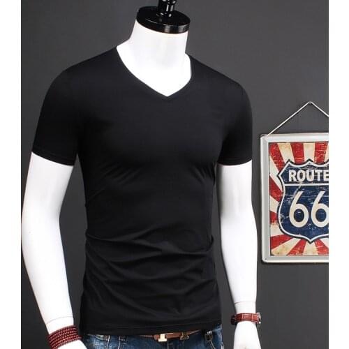 Men Solid Color Cotton T-Shirt 2020 Clothing V-Neck Short Sleeve Tshirt Casual Black White Bottoming Tees