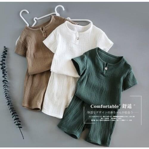 Baby Girls Boys Outfit Suit Cotton Linen Children Clothes Set Toddler Solid Casual Tshirt Kids Tops Shorts Pants 2Pcs Set Summer
