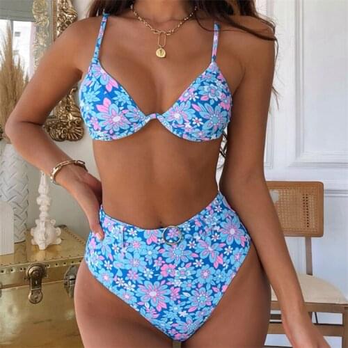 Sexy Floral Print Bikini Swimwear Women Push Up 2021 Summer High Waist Swimsuit Female 2 Pieces Beachwear Backless Bathing Suit