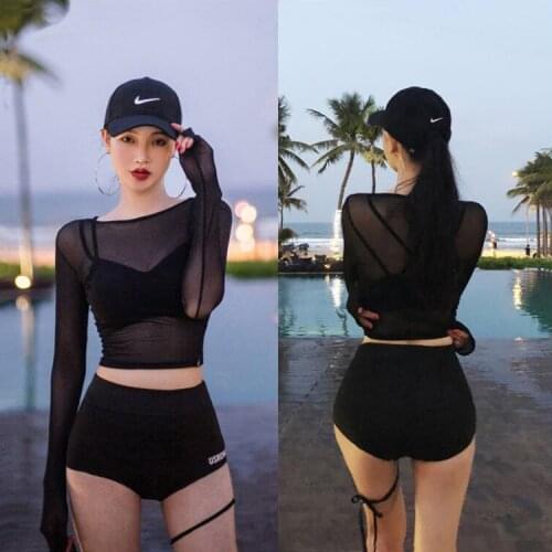 Hot spring bathing suit female conservative split three-piece bikini student cover belly high waist bikini black long sleeve