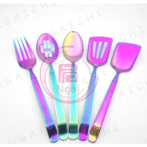 Stainless Steel Cutlery Set Filter Scoop Spatula Turner Big Fork Strainer Oversize Rainbow Kitchenware Cooking Tools 5pcs/set