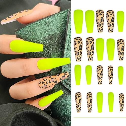 DJBS 24 Pcs/Box Fake Nails Press on Long Matte Fake Nails Coffin Yellow Leopard False Nails with Glue for Women and Girls