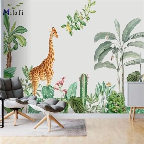 Milofi custom vinyl wallpaper mural children Nordic hand-painted small fresh medieval tropical plant animal background wall