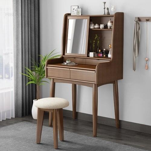 Nordic Solid Wood Bedroom Furniture Dressers Modern Minimalist Small Apartment Dressing Table Dormitory Vanity Desk with Mirror