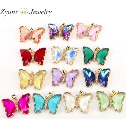 10PCS, Sweet Candy Color Crystal Butterfly Pendant For Women Fashion Female Glass Butterfly Necklace Pendant Charms Jewelry