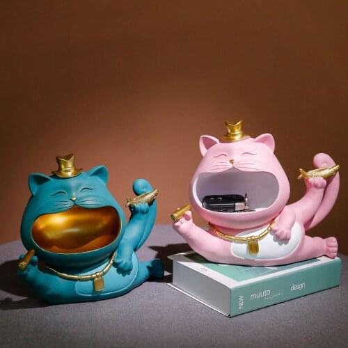 Resin Lucky Cat Sculpture Storage Box Living Room Entrance Key Fruit Storage Animal Statue Ornaments Home Decoration Accessories