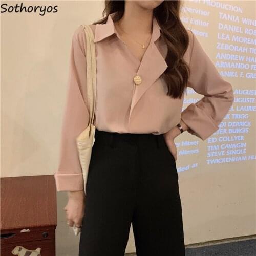 Shirts Women Chic Elegant Single Button Office Lady Drape Loose Casual Tops Solid All-match Leisure Streetwear Retro Female New