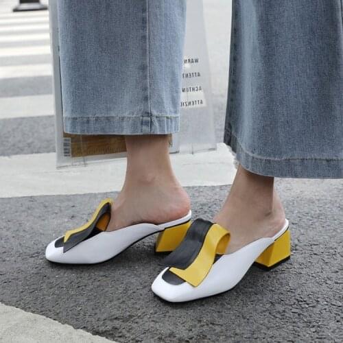 PXELENA Newest Hot Women Slides 2019 Summer Mixed Color Square Toe Chunky Block High Heel Summer Slippers Party Fate Shoes 34-43
