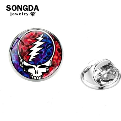 SONGDA Rock Musician Grateful Dead Metal Pins Creative Fun Cartoon Printed Glass Dome Brooch Men Shirts Lapel Pin Gift for Fans
