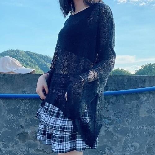 Autumn Harajuku O Neck Black White Sweaters Lady Hollow Out Sexy See Through Knit Gothic Girl Thin Loose Pull Sweater Summer Top