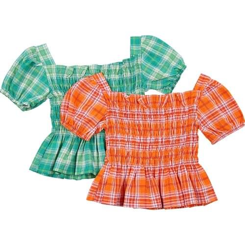 Wallarenear 3-8Y Summer Fashion Kids Girls T Shirts Tops Plaid Print Short Puff Sleeve Ruffles Pullover Tops