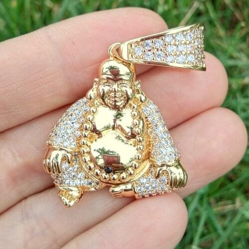 New Fashion Hip Hop Jewelry Charm Iced Out Bling Brass Happy Buddha Micro Pave CZ Pendant Neclace with Gift for Man and Women