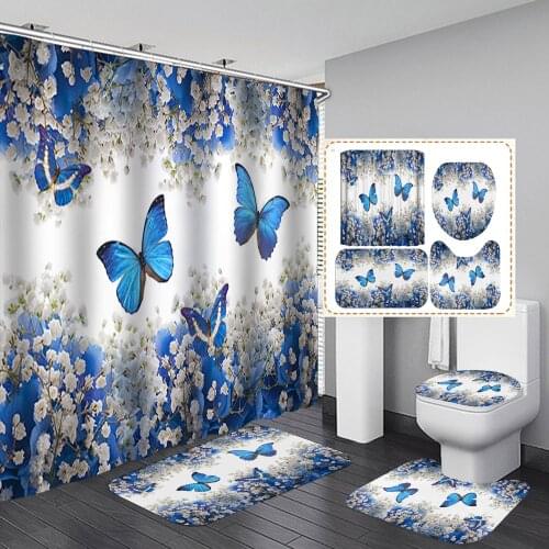 Blue Butterfly Bathroom Shower Curtain and Rug Sets Beautiful Flower Pattern Pedestal Rug Lid Toilet Cover Mat Bath Curtains