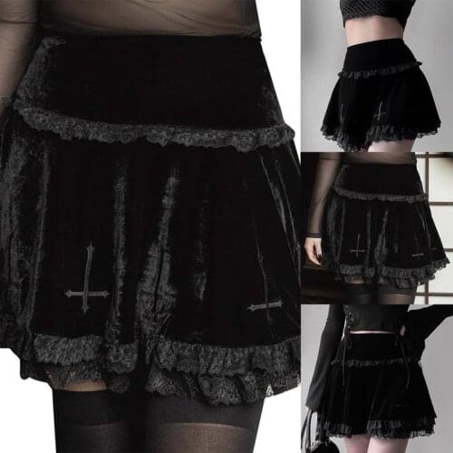 Goth Black Skirt Vintage Lace Trim A-Line Mini Skirt Gothic Grunge High Waist Ruffle Summer Skirt Women