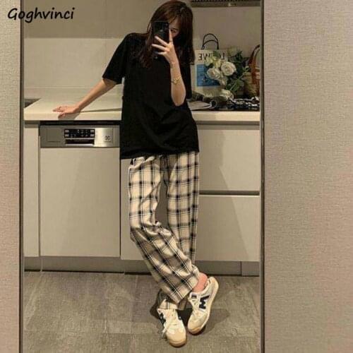 Women Casual Pants Plaid Leisure Korean Style Ulzzang High Waist Elastic All-match Leisure Classical Full-length Chic Fashion