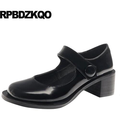 Medium Heels High Strap Quality 2019 Black Mary Janes Women Shoes Round Toe Japanese Belts Pumps Korean Patent Leather Block New